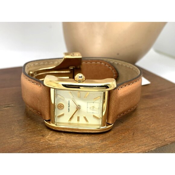 Tory Burch Women's Watch TBW1068 Tank Cream Dial Gold Quartz Brown Leather Band - Picture 8 of 14